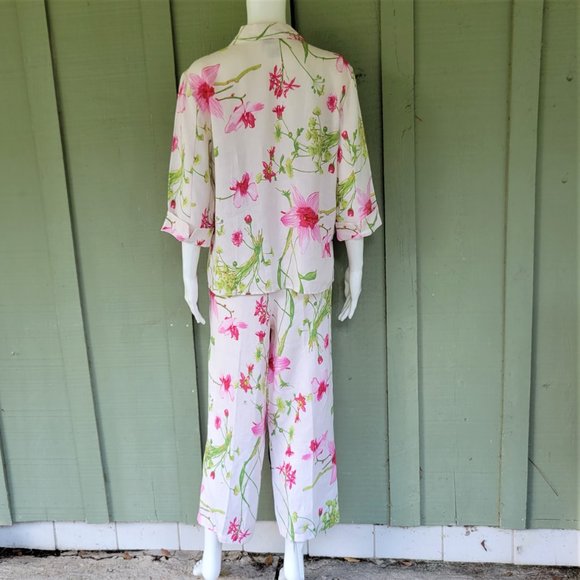 Dandy by Randi M. White Pink Floral Linen Pants Oufit Set Large L - Picture 5 of 6